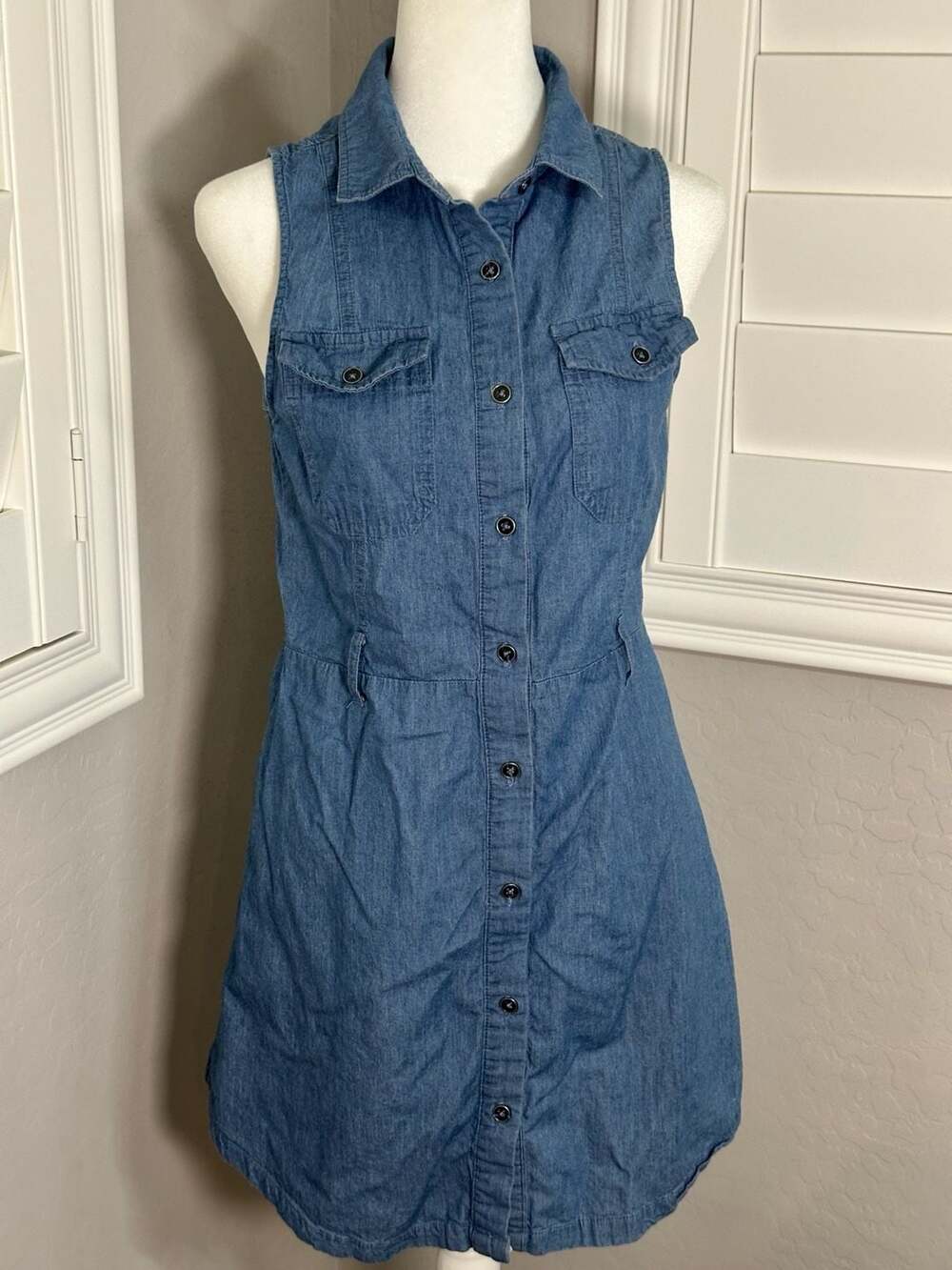 Derek Heart Chambray Sleeveless Shirtdress with Collar and Pockets, Size M